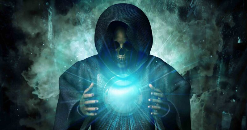 Grim reaper with levitating glowing orb
