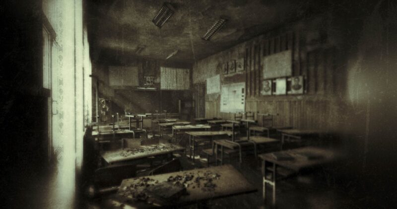 Digitally rendered empty, dilapidated classroom with scattered debris on desks, conveying eerie abandonment and decay. The walls exhibit faded educational posters, and the atmosphere suggests desolation. Soft lighting spills through curtained windows,.