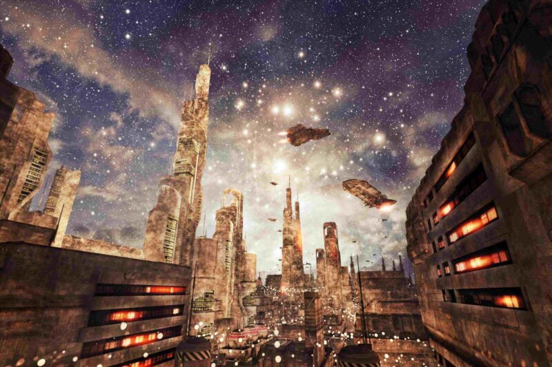 A futuristic city scene against a starry sky