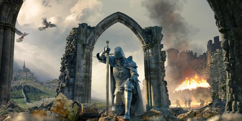 A medieval knight in full armour kneeling on one knee and one hand on a sword with head bowed under a ruin of a stone arch between a castle on fire in conflict on one side, and distant castle in peace on the other.