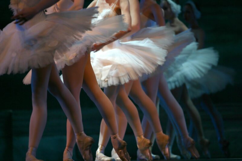 A row of ballerinas wearing tutus, showing just their legs from the side