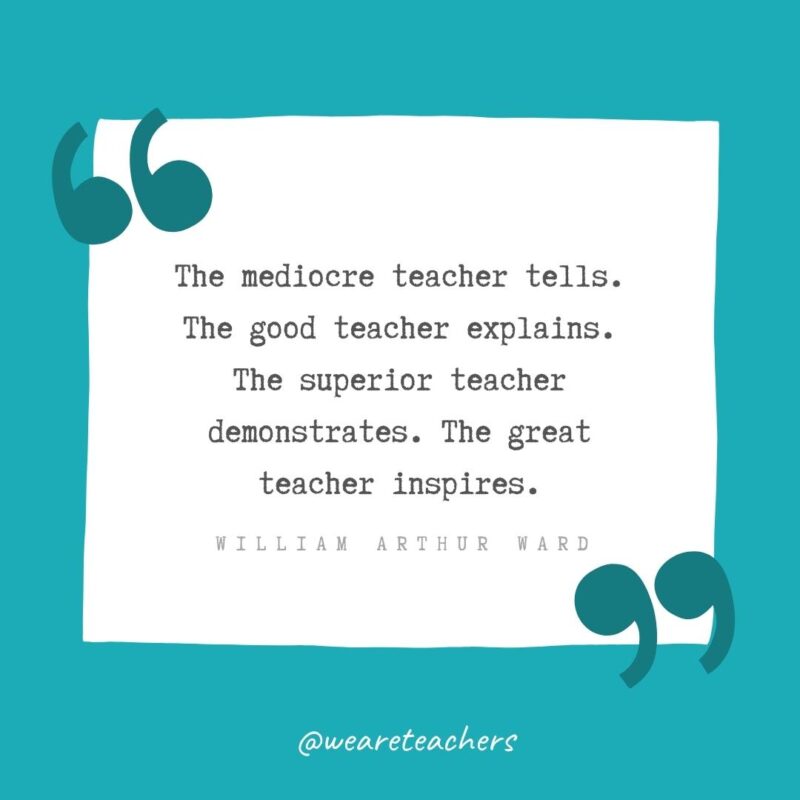 William Arthur Ward The mediocre teacher tells. The good teacher explains. The superior teacher demonstrates. The great teacher inspires. —William Arthur Ward- Teacher Appreciation Quotes