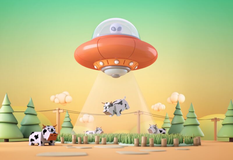 UFO flying with alien and  abduct a cow.3d rendering
