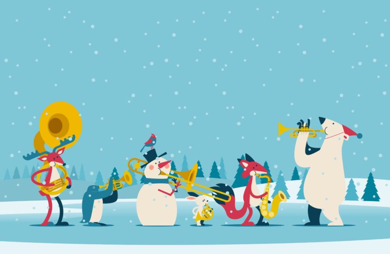 Cartoon animals and a snowman marching as a band in a parade