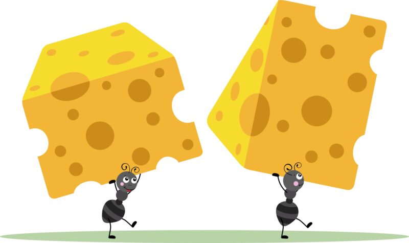 Two ants carrying pieces of cheese