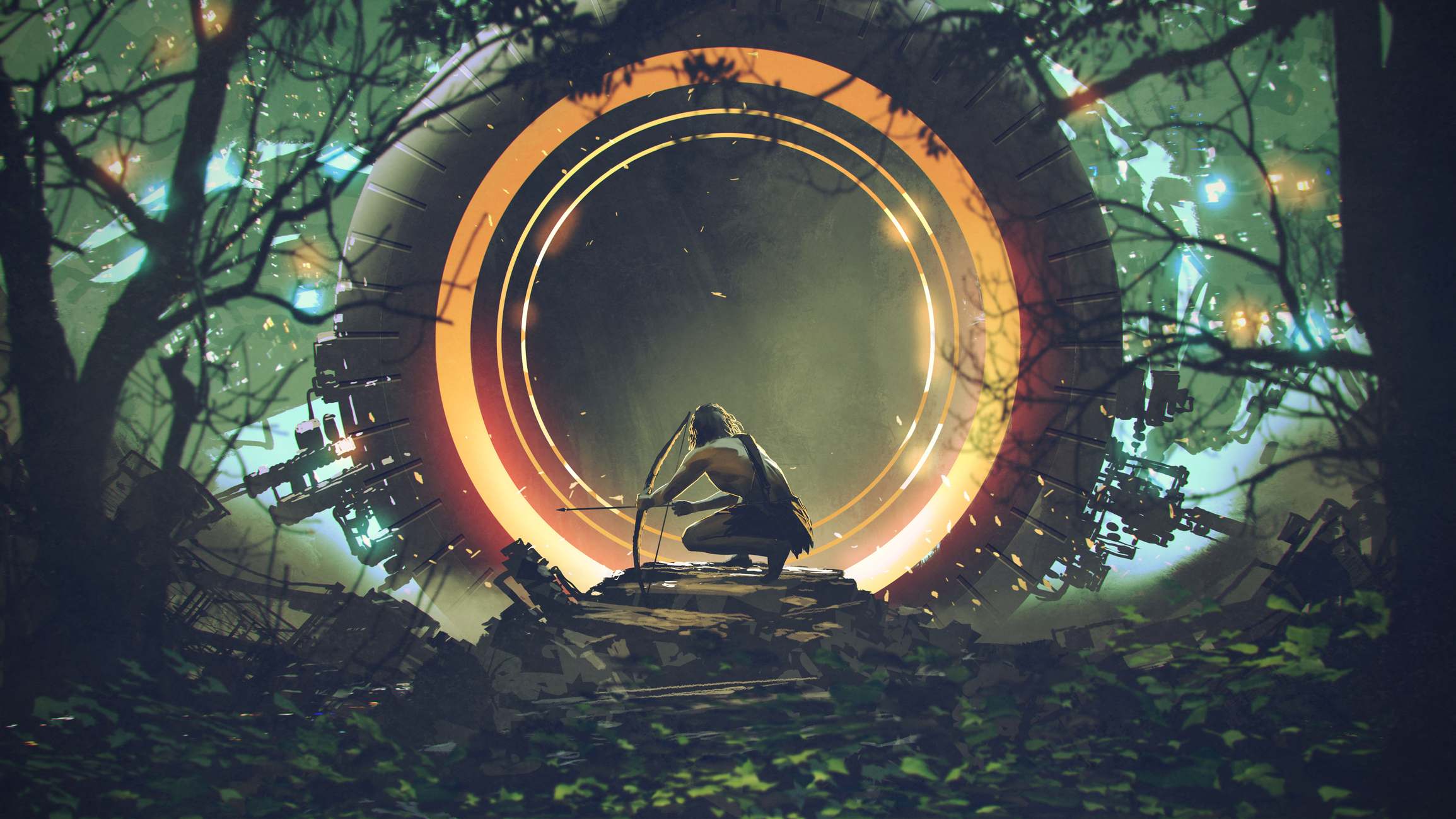 Primitive man looking at the futuristic machine in the deep forest,