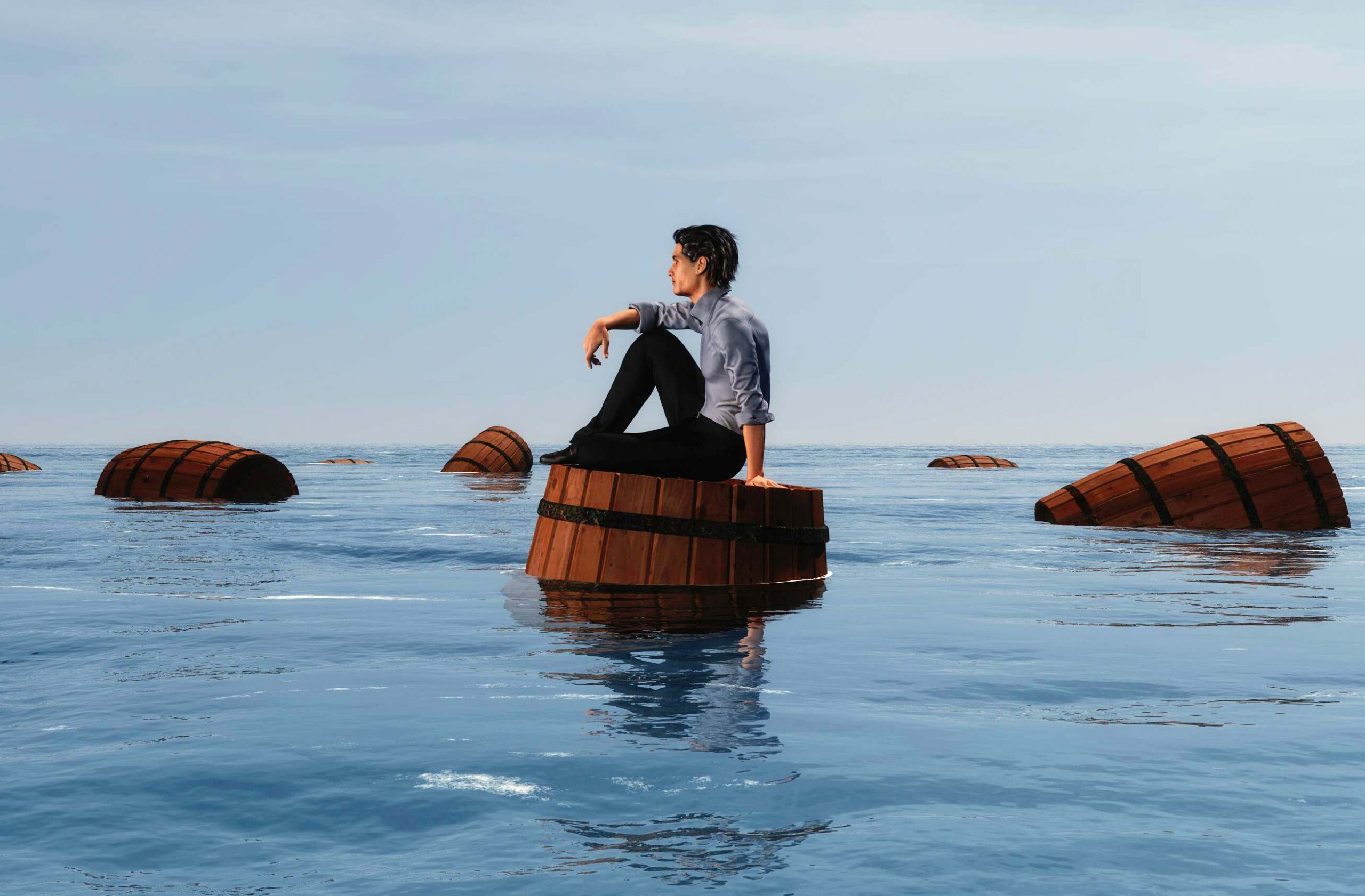 Man on wood barrel floating in the sea. 