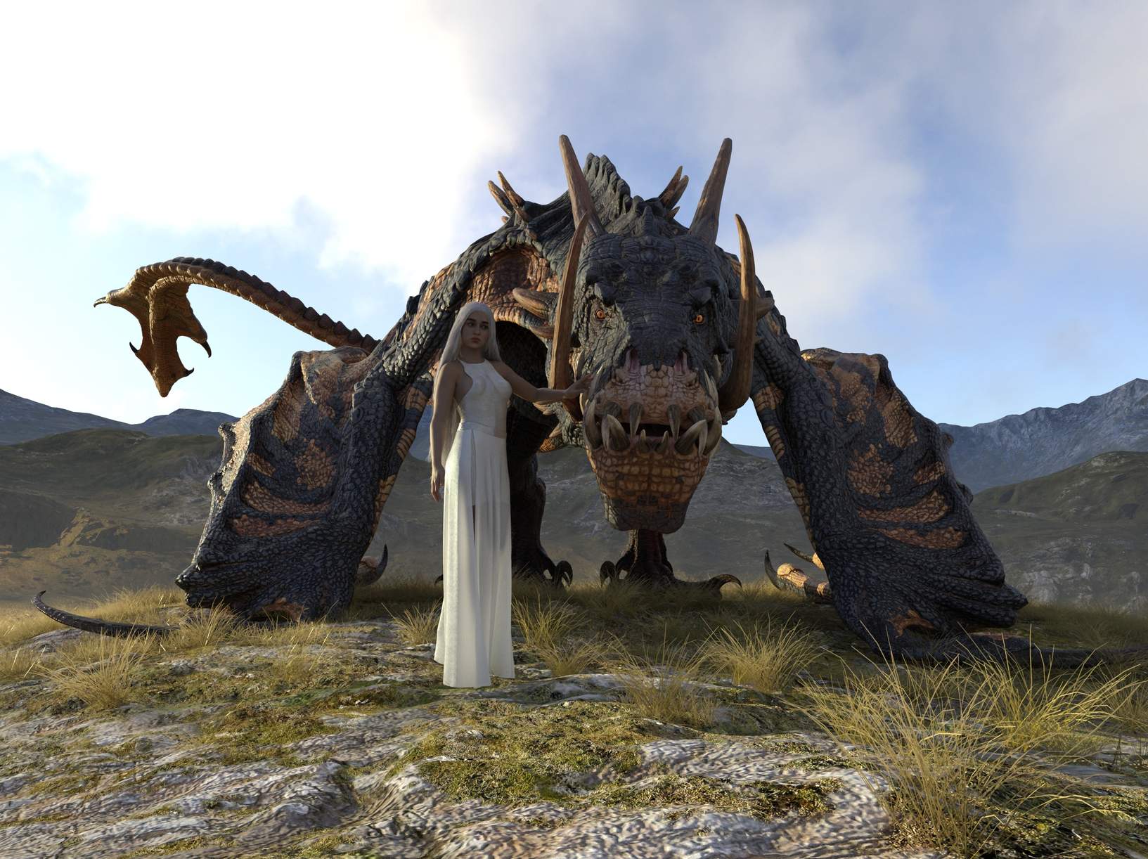 3D illustration fantasy dragon and beautiful young girl