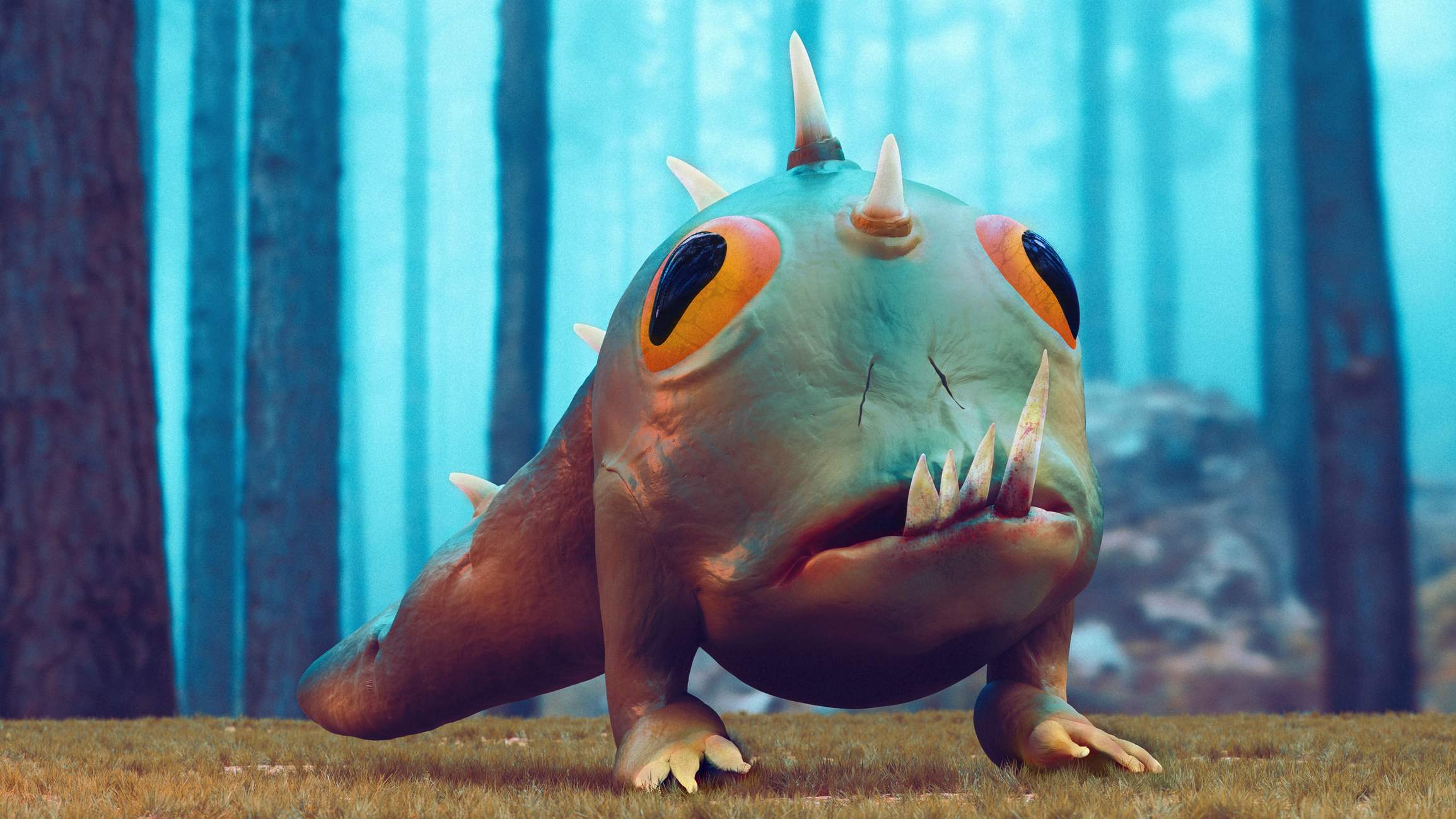 3D render of a strange and ugly creature with large and sharp teeth standing still in a forest. The creature has big eyes and does not look friendly.