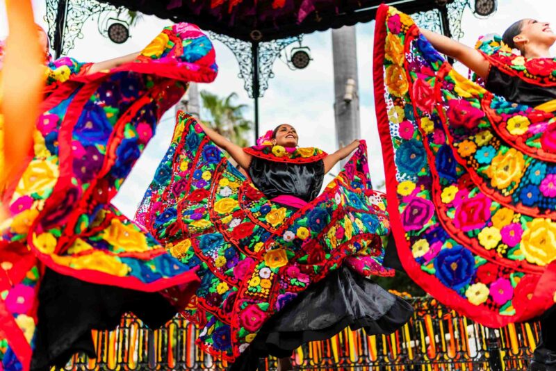 Young chiapanecas (traditional mexican dancers) dancing outdoors