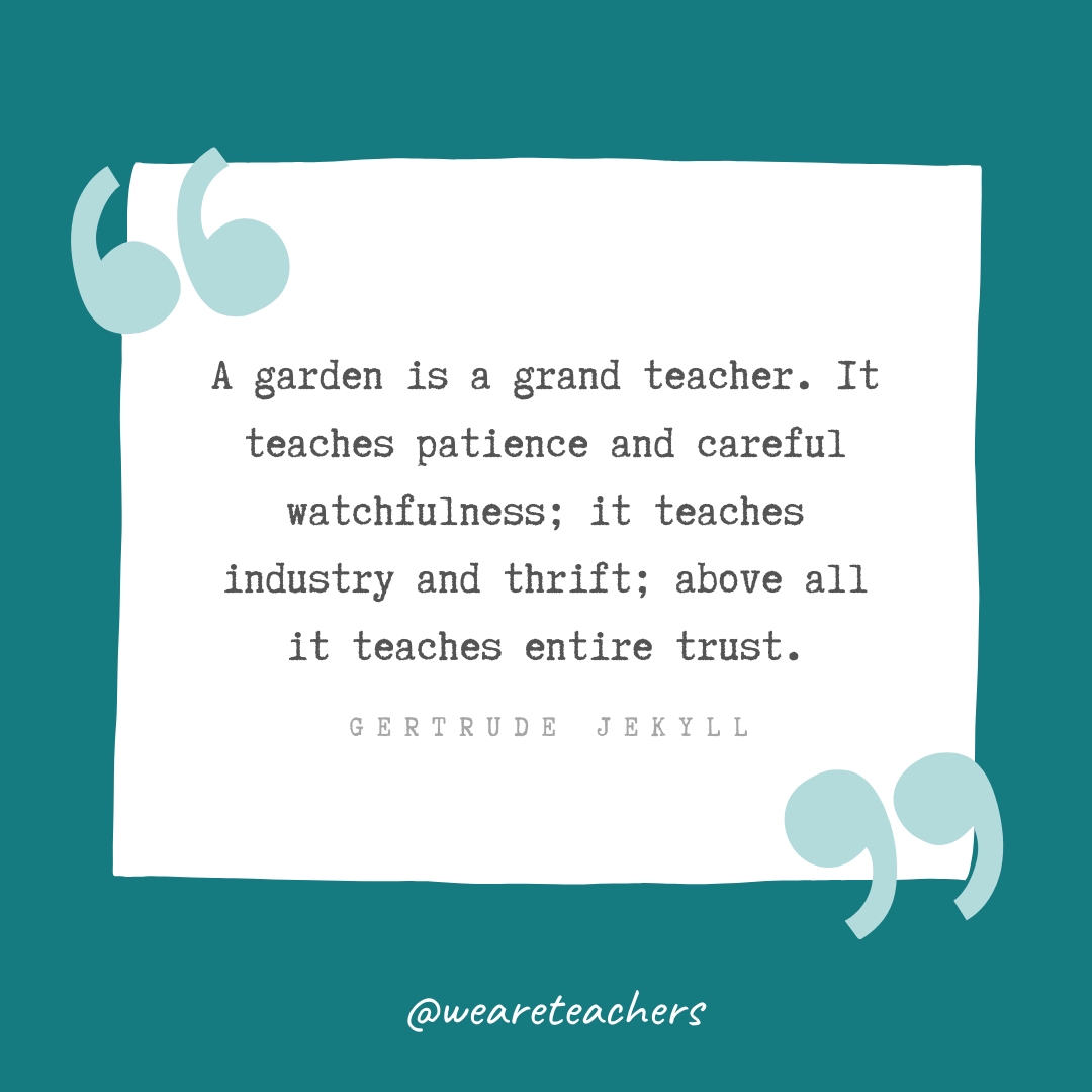 A garden is a grand teacher. It teaches patience and careful watchfulness; it teaches industry and thrift; above all it teaches entire trust. —Gertrude Jekyll A garden is a grand teacher. It teaches patience and careful watchfulness; it teaches industry and thrift; above all it teaches entire trust. —Gertrude Jekyll- Teacher Appreciation Quotes
