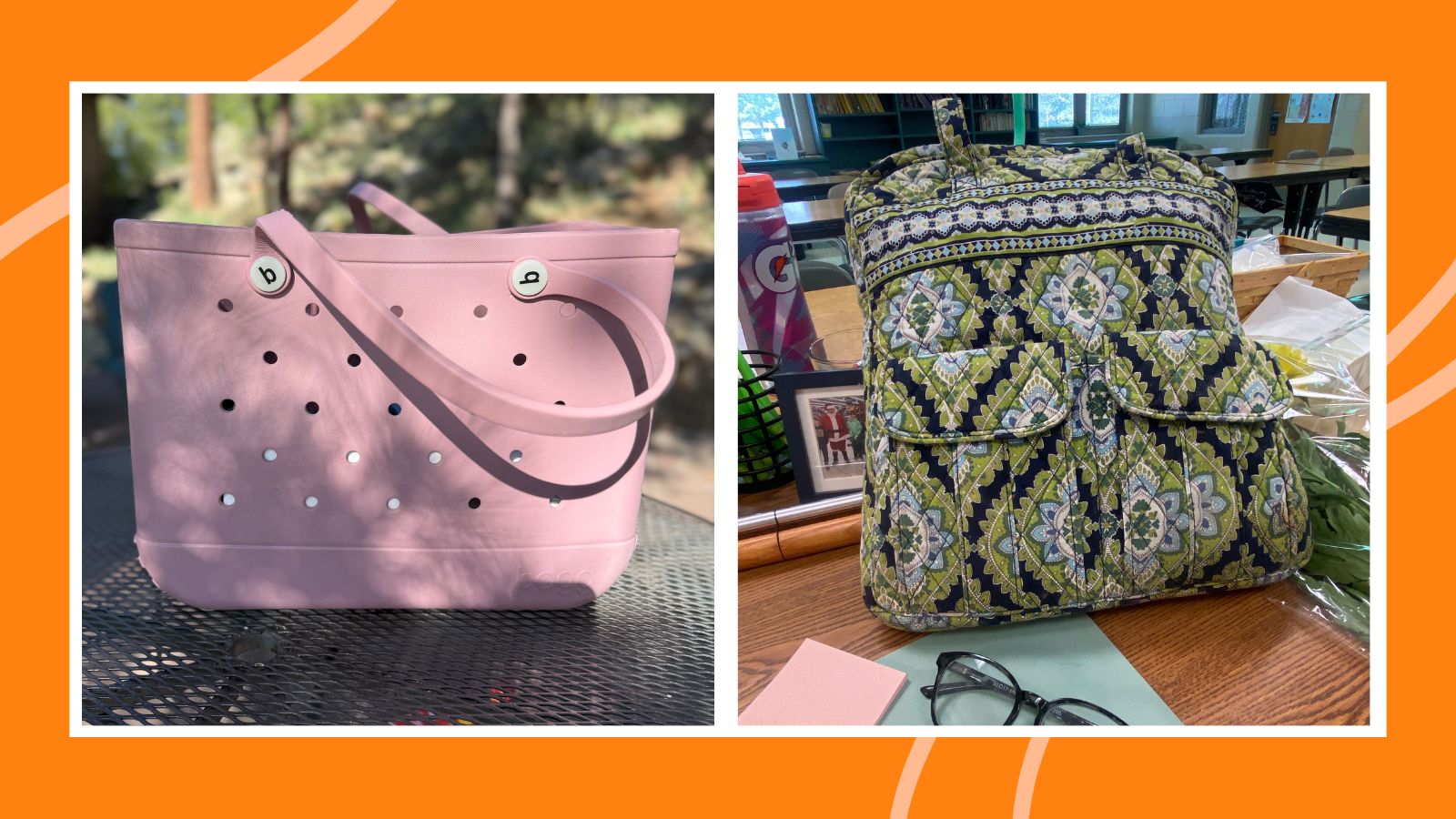 Two teacher bags, one on the left is pink on a table outside and one on the right is green with an intricate pattern inside