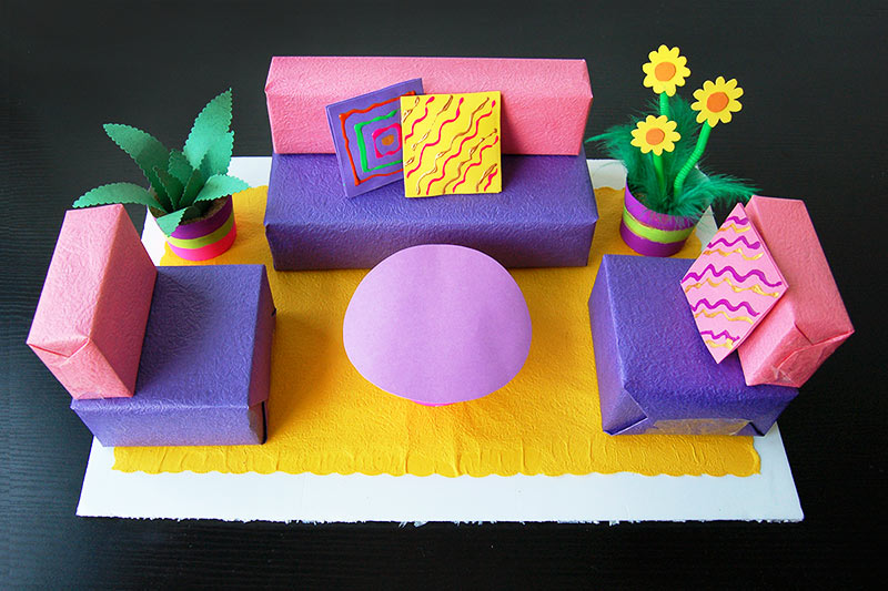 Box Furniture Room Colorful paper boxes used to create a miniature living room scene