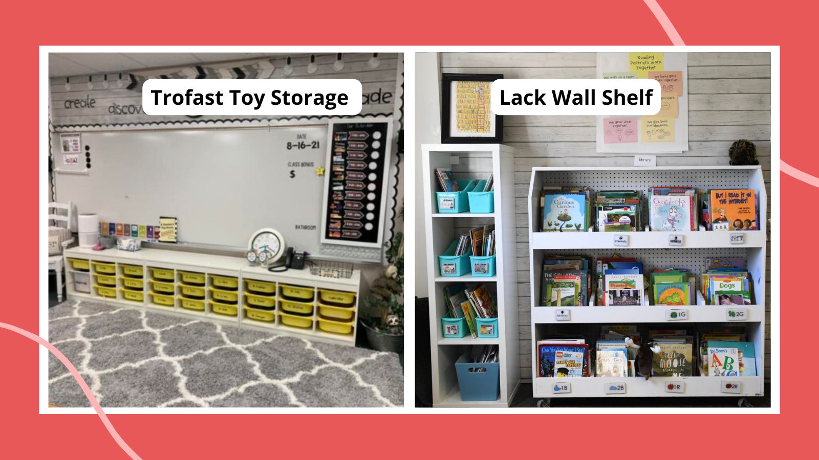 Examples of IKEA products in classrooms including SKADIS Pegboard and TJABBA magazine files for storing ukuleles.