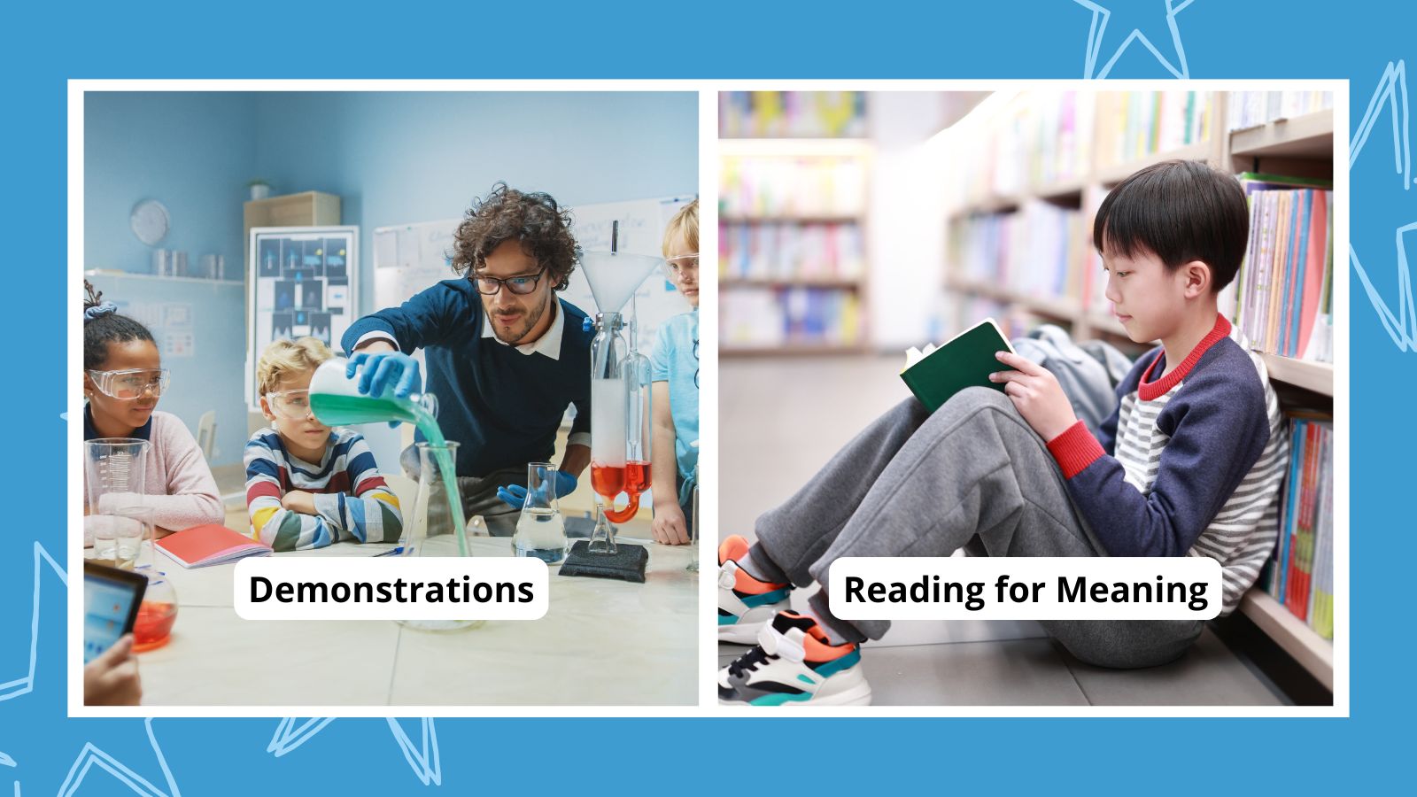 Collage of instructional strategies examples including demonstrations and reading for meaning