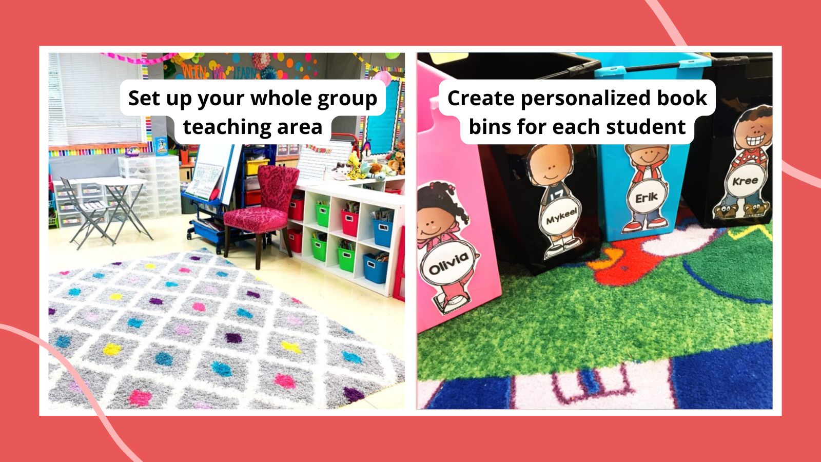 Two colorfully decorated kindergarten classrooms.
