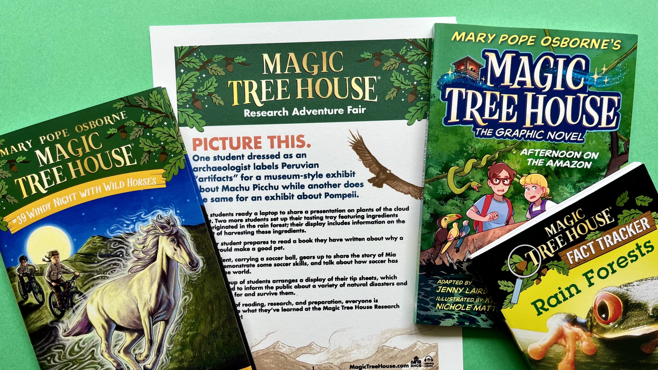 Magic Tree House guide with 3 books on a colored background.