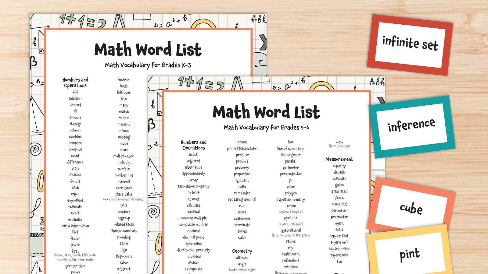 Printable sheets of math word lists.