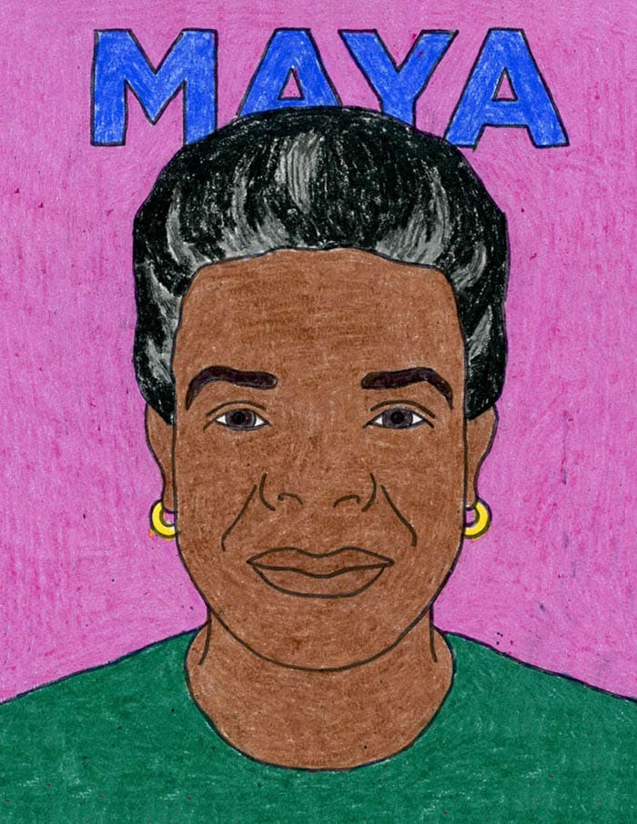 Third Grade Art Projects: Maya Angelou A simple drawing of Maya Angelou from the shoulders up is shown. It says "Maya" across the top.