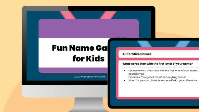 Illustration of name game google slides on a computer and tablet screen.