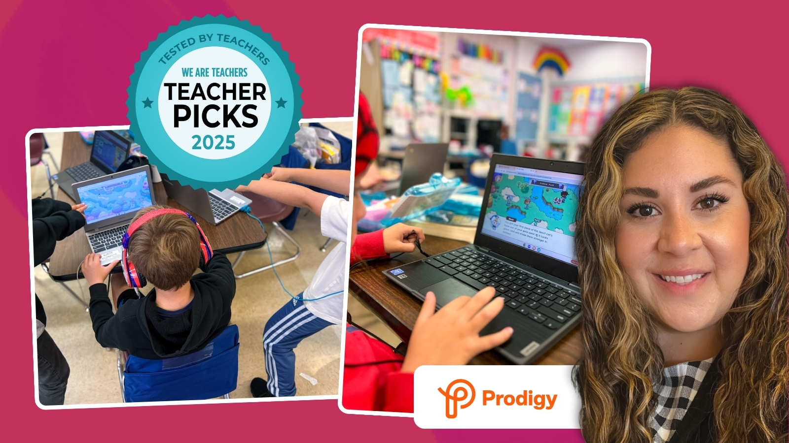 female teacher showing kids on laptops