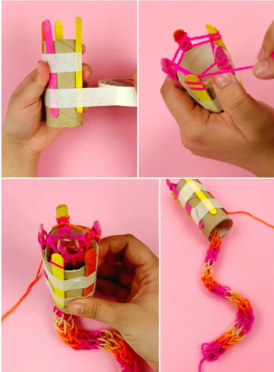 Cardboard tube being used to create a knitted tube of colorful yarn