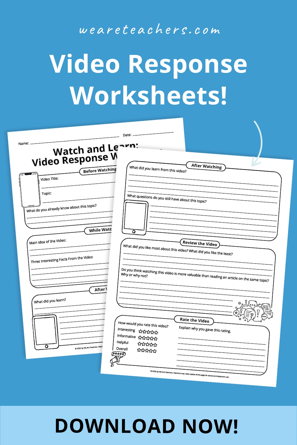 WeAreTeachers_Article_Video Response_Pinterest Pin Get students thinking critically with free printable video response worksheets! Perfect for documentaries, TED-Ed clips, and more.