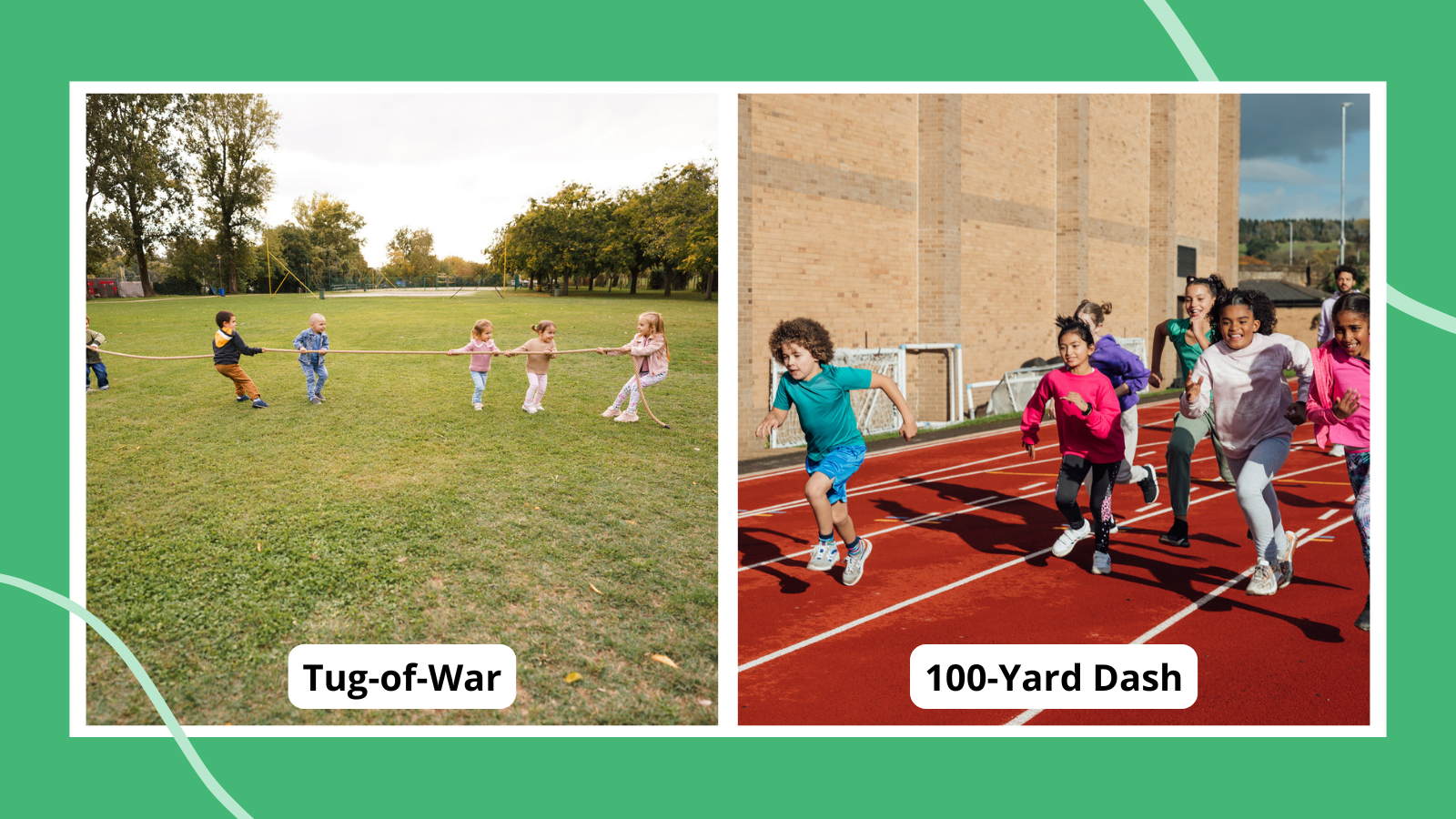 Collage of field day games including tug-of-war and 100-yard dash