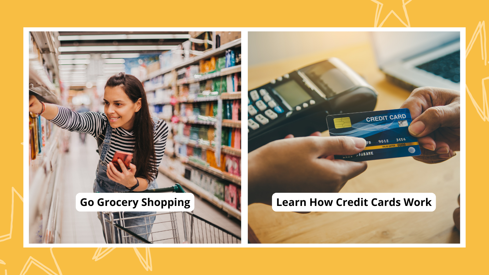 High school student grocery shopping and close up of teen handing a credit card to a merchant as examples of middle school and high school budgeting activities.