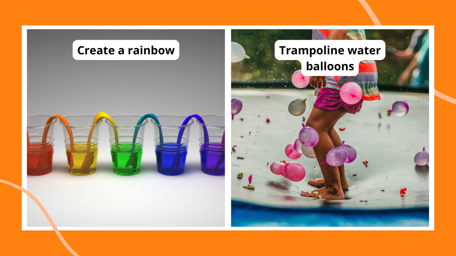 60 Splash-tastic Water Activities for Summertime Fun and Learning including create a rainbow and water balloons on a trampoline
