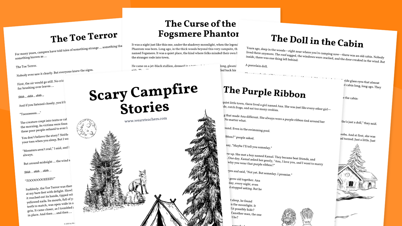 Spooky Campfire Stories printables against an orange background