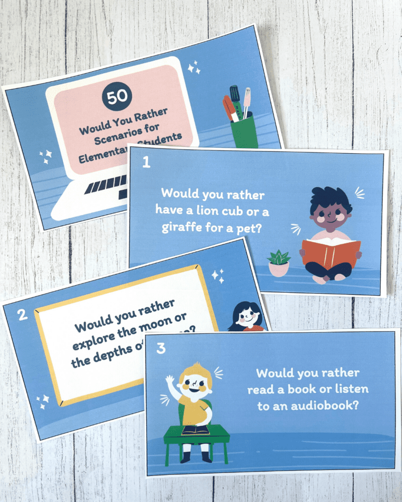 Picture of "would you rather" cards for elementary students as an example of first day of school activities